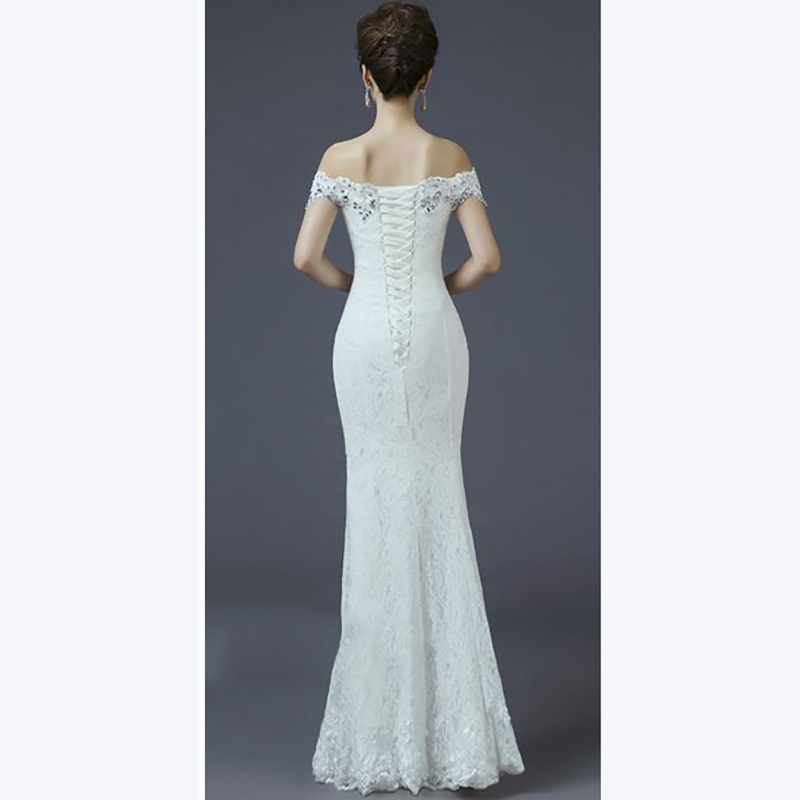 kudapyเดรสยาวสีขาว แบบปาดไหล่เซ็กซี่ เข้ารูป ทรงหางปลา ผ้าลูกไม้ แต่งเลื่อมสุดหรู (เชือกผูกหลัง)