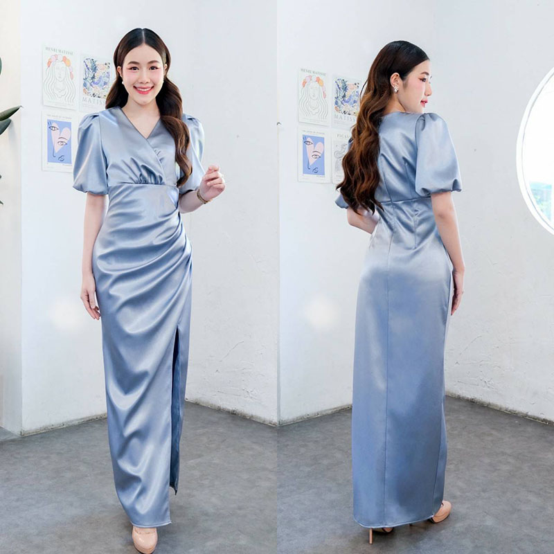 kudapy เดรสยาวสีกรมท่า/สีโรสโกลด์/สีพิ้งค์โกลด์/สีฟ้า/สีเขียวเบจ เนื้อผ้า ดัชเชสอัดกาว เงาสว คอวี แขนสั้น ใส่ออกงานสวยดูดี