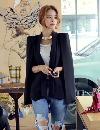 เสื้อสูทแฟชั่นผู้หญิงผ่าแขนสีดำเรียบหรู