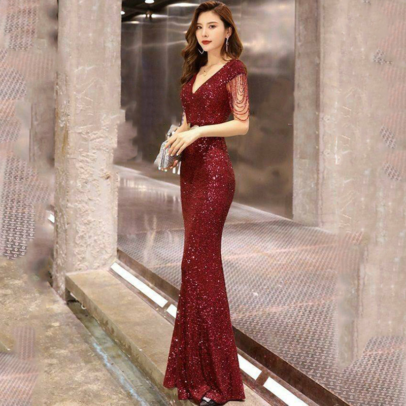 kudapy ชุดราตรียาวทรงหางปลา ผ้าปักเลื่อมสีแดง/สีครีมทอง แม๊กซี่ปักเลื่อม+เข็มขัด เลื่อมประกายแวววาวระยิบระยับสวยหรูดูแพง