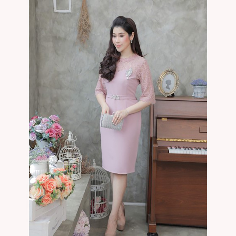 kudapy เดรสสั้นผ้าลูกไม้สีฟ้าอมเทา/ชมพูกะปิ/น้ำเงินเข้ม แขนสามส่วน ไหล่และแขนเย็บแต่งลูกไม้