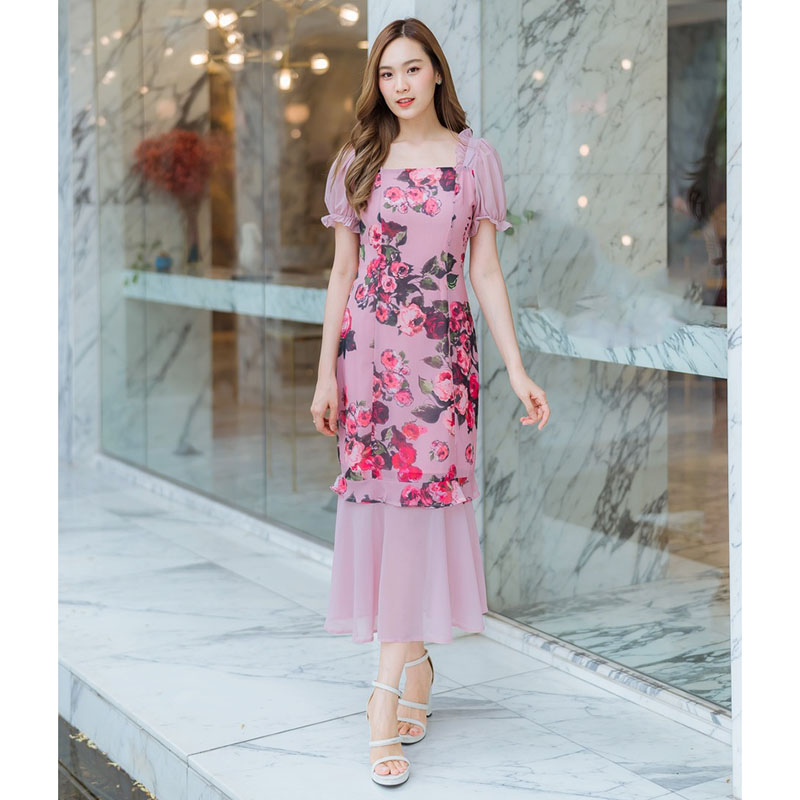 kudapy เดรสยาวสีชมพู/สีดำ แขนจั๊มลายกุหลาบชีฟอง ใส่ออกงานใส่เที่ยว เนื้อผ้าเบาสวยดูดีมากๆ