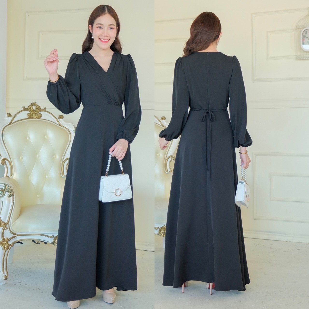 kudapy เดรสยาว/น้ำตาลอมเขียว/ชมพู/โอรส/ฟ้าอมเทา/แดง/ดำ คอวีป้ายเอว ดีเทลจับจีบ แขนยาว เพิ่มเชือกผูกเก็บช่วงเอว ผูกได้หน้า/หลัง