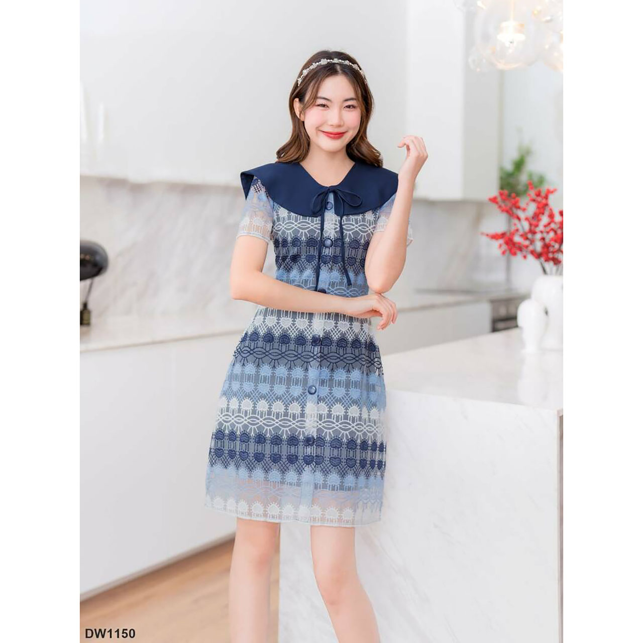 kudapy เดรสสั้น ลูกไม้ชั้นหัวใจคอปก ผ้าเบาใส่สบายตัว