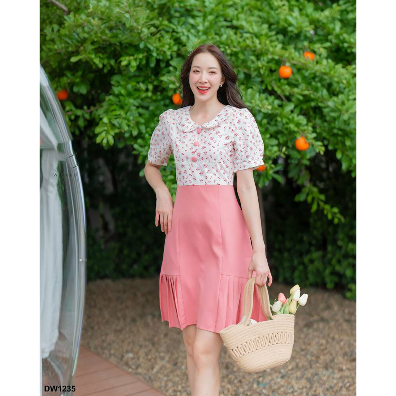 kudapy เดรสสั้นสีชมพู สีกรม สีน้ำเงินเข้ม คอบัวเสื้อลายดอกกระโปรงผ้าพื้น