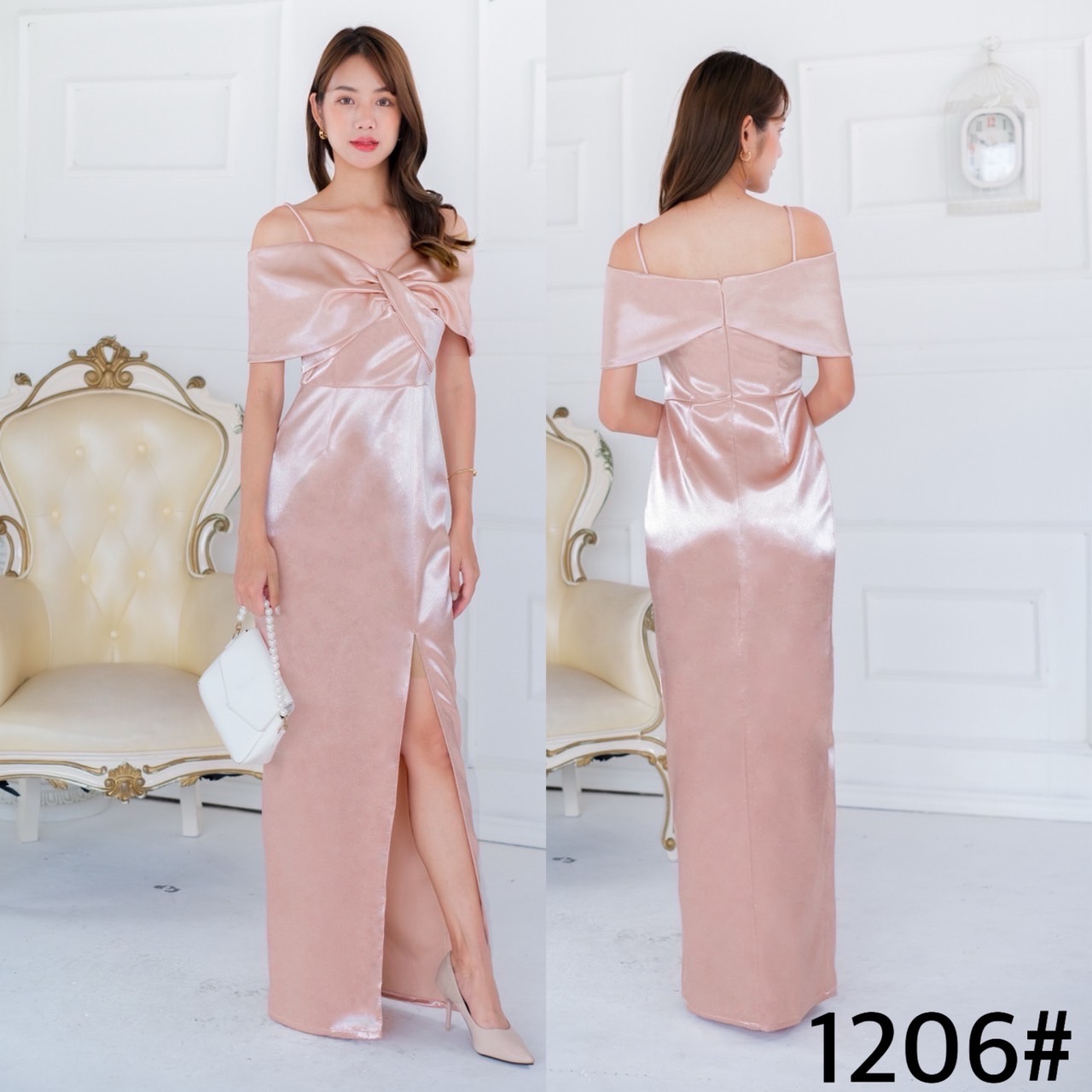 kudapy เดรสยาวเปิดบ่า ทวิชช่วงอก มีสายคาดบ่าให้ กระโปรงทรงบาน ความยาวครึ่งเข้ง เนื้อผ้าดัชเชสอัดกาว ผ้าเงาสวย อยู่ทรง