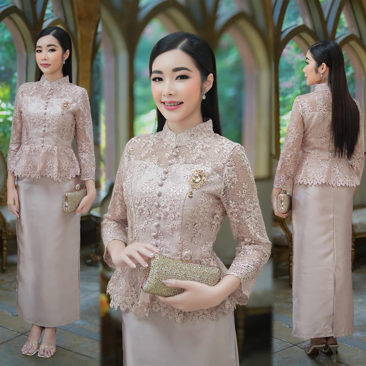 kudapy ชุดลูกไม้ใยบวบครีมน้ำตาลกะปิ / โอโรส ผ้าไหมญี่ปุ่น ผ้าหนาเงา ตัวเสื้อคอจีน