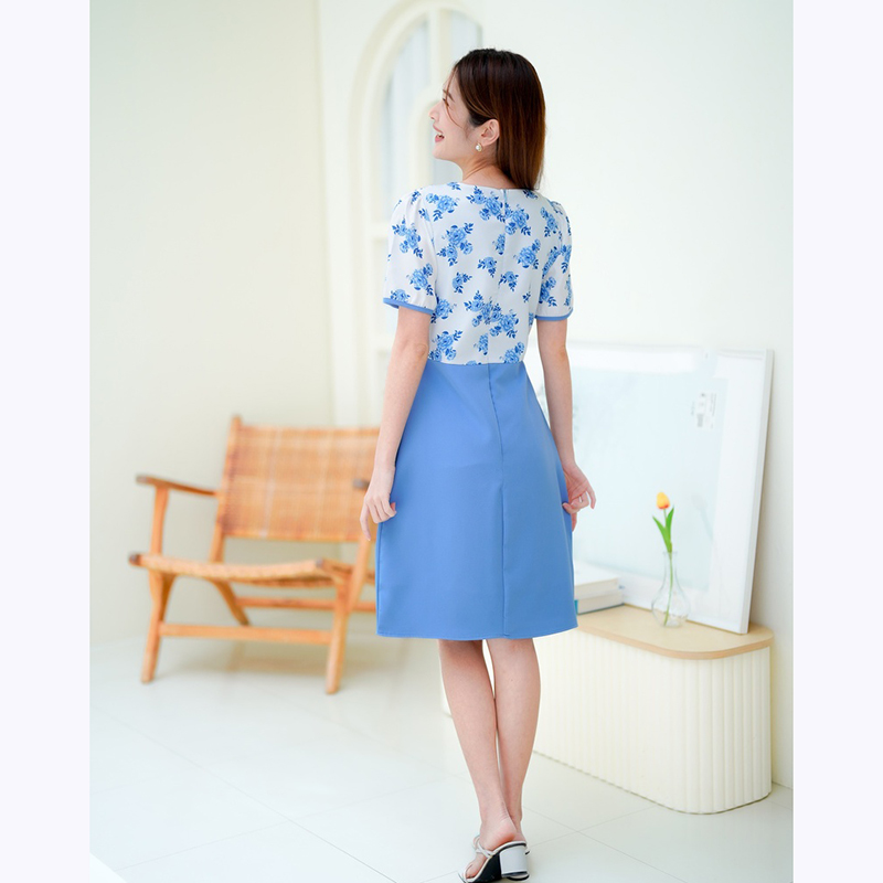 kudapy เดรสสั้นสีฟ้า/สีม่วง/สีน้ำตาล กระโปรงสีพื้นท่อนบนลายดอก