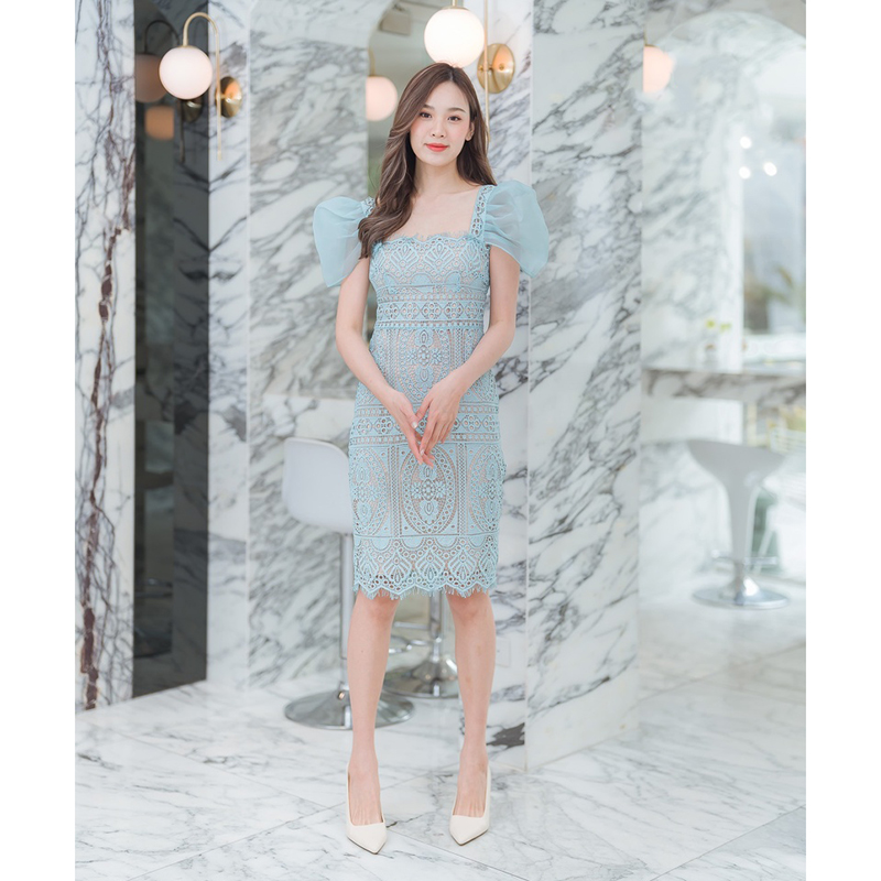 kudapy เดรสสั้นสีขาว/ชมพู/ฟ้า/สีเขียว ลูกไม้แขนชีฟองใส่สบายสวยดูดีเรียบร้อย