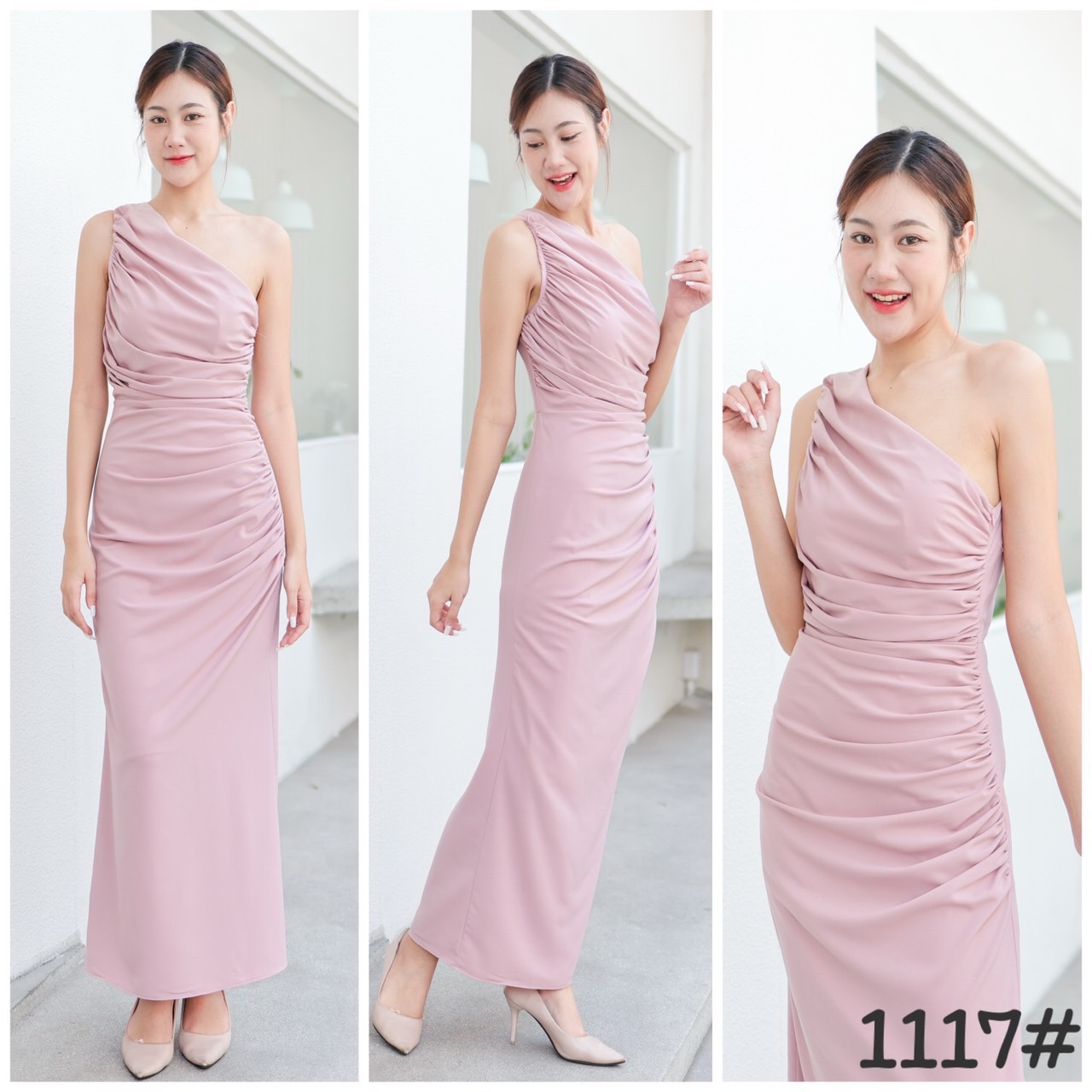 kudapy เดรสยาวออกงาน ไหล่เดี่ยว จับจีบย่น เข้ารูป เนื้อผ้าชีฟองหนา มีซับในทั้งตัว