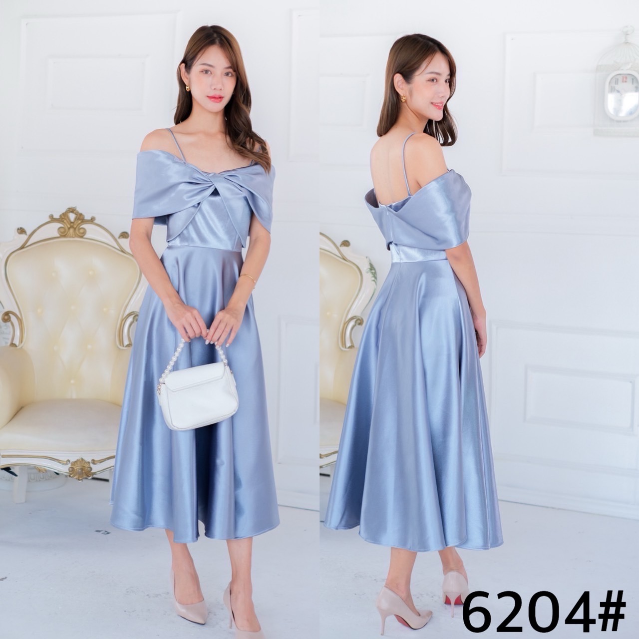 kudapy เดรสสั้นเปิดบ่า เนื้อผ้าดัชเชสอัดกาว ผ้าเงาสวย อยู่ทรง ทวิชช่วงอก มีสายคาดบ่าให้ คัตติ้งเริศแบบอลัง กระโปรงทรงบาน ความยาวครึ่งเข้ง