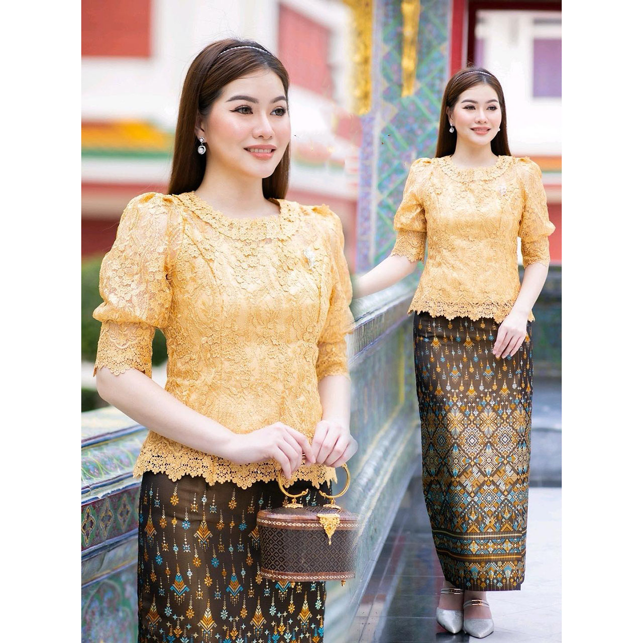 kudapy เซต2 ชิ้น เสื้อผ้าลูกไม้สีเหลืองทอง ทรงกลมสูง + ผ้าถุงทอลายกาฬสินธุ์