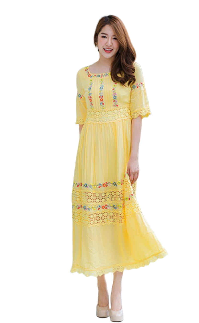 เดรวยาวคอเหลี่ยมสีเหลือง สไตล์โบว์ฮีเมี่ยน ผ้าเรย่อนเบาๆ S/XL