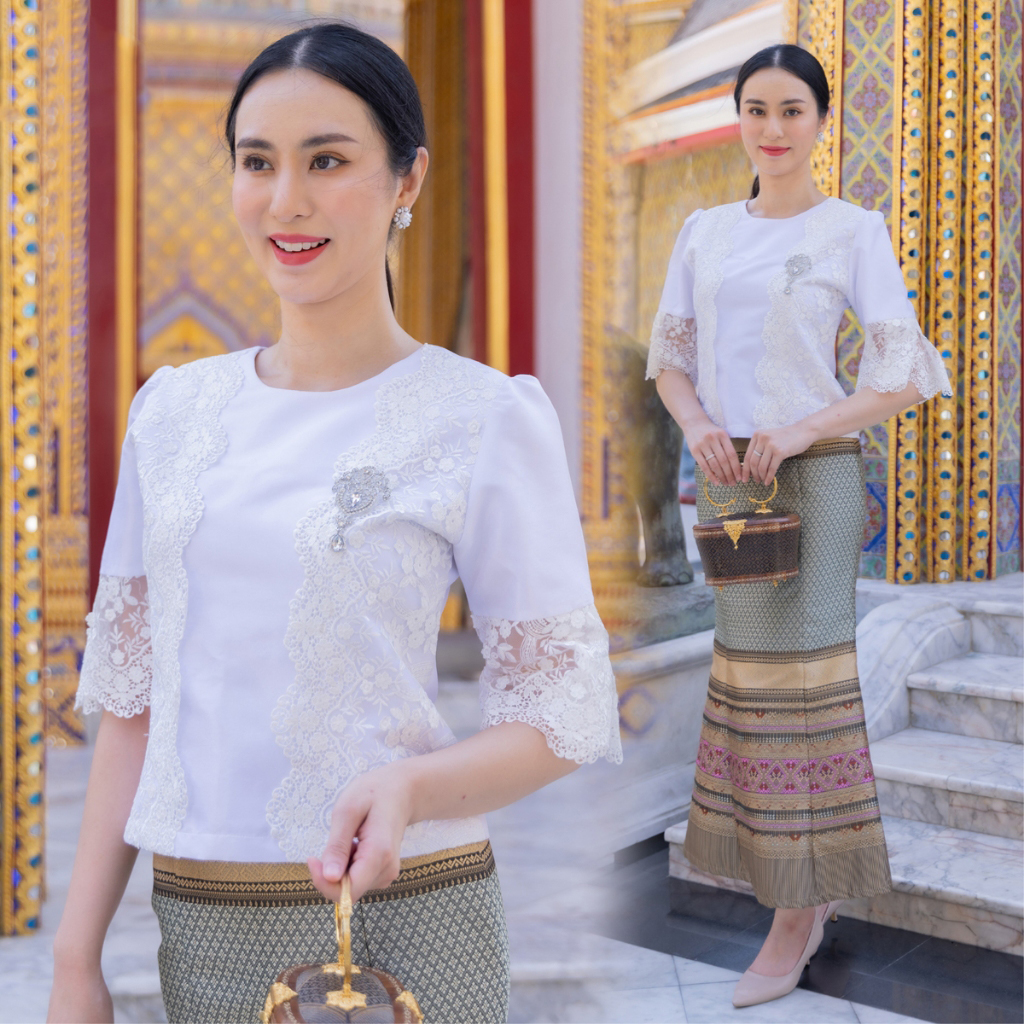 kudapy ชุดผ้าไหมชุดออกงานสีขาว ไปวัด ทำบุญ ทรงหางปลา
