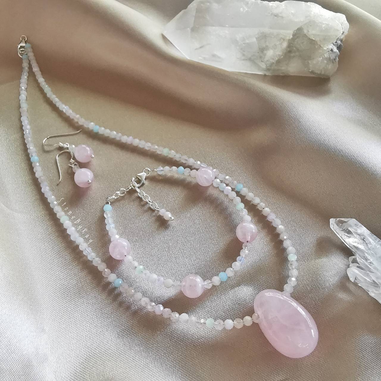 Setสร้อยคอหินโรสควอตซ์กับเบริล Rose Quartz&Beryl