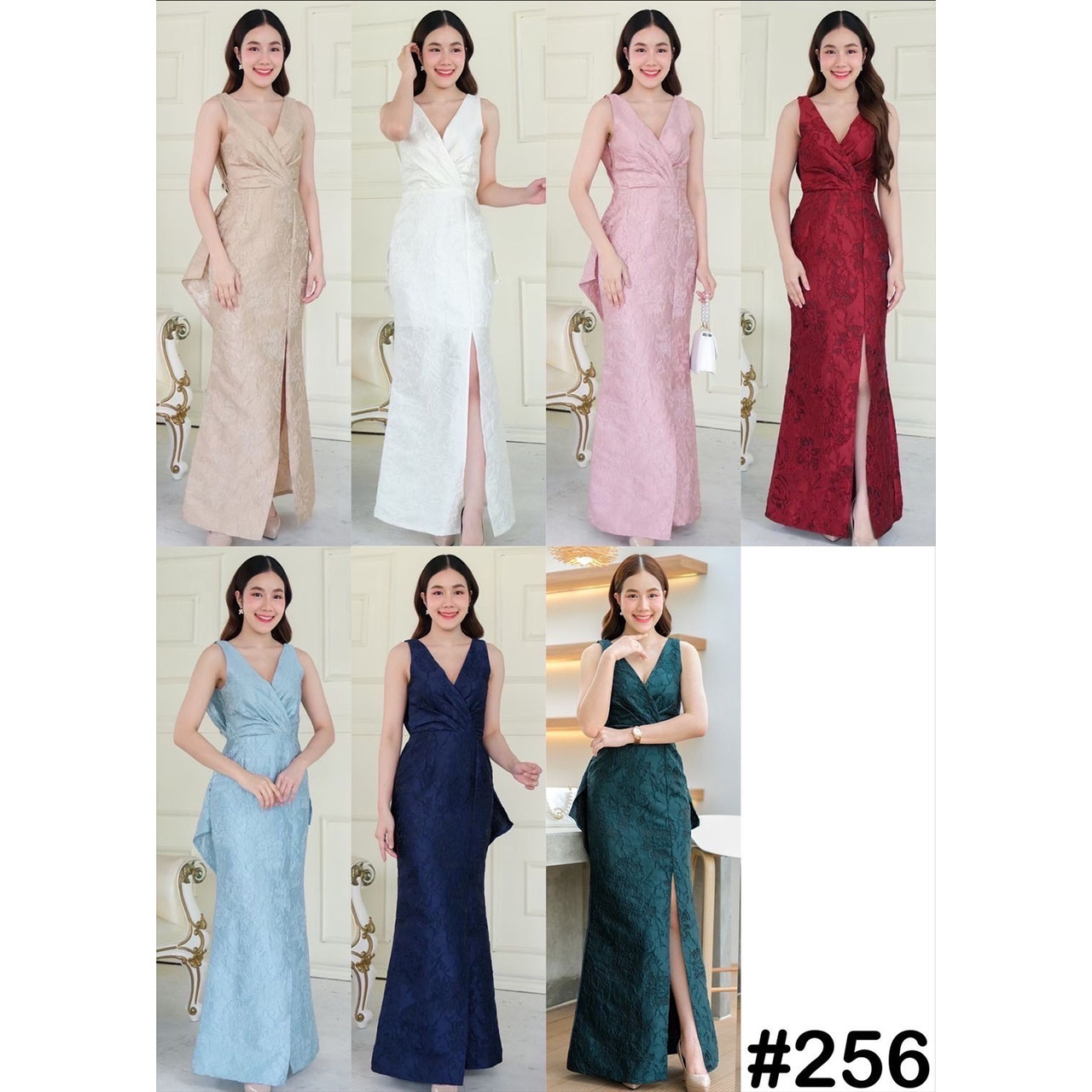 kudapy เดรสยาวสีขาว/แดง/ทอง/ชมพู/กรมท่า/ฟ้า/เขียว ผ้าพิมพ์ลายนูน ทรงคอวี กระโปรงทรงหางปลาเข้ารูป ด้านหลังจับผ้าจีบ ทรงหูกระต่าย