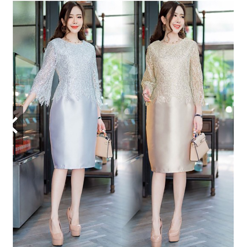 kudapy เดรสสั้นสีเทาเงิน/สีทอง/สีโรสโกลด์ ลูกไม้ปักเลื่อมกลิตเตอร์เนื้อผ้ามันเงางามใส่ออกงาน กระโปรงผ้ามันวาวและเรียบเนียนเป็นเอกลักษณ์