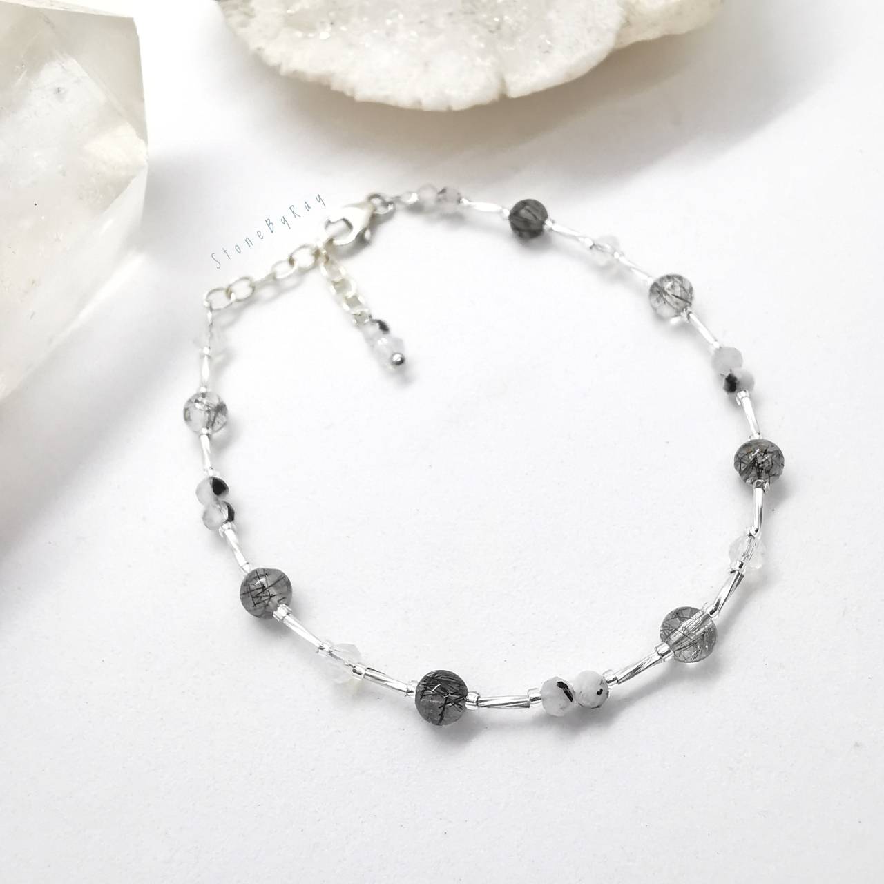 สร้อยข้อมือเงินหินไหมดำ+หินมูนสโตน Black Tourmaline Quartz+Moonstone
