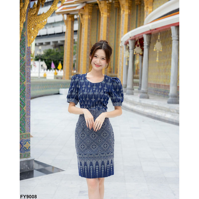 kudapy เดรสสั้นสีกรม/สีน้ำตาล ผ้าลายไทยแขนสั้น ผ้าใส่สบายสวยดูดี ใสออกงาน ใส่ทำงาน+เข็มขัด