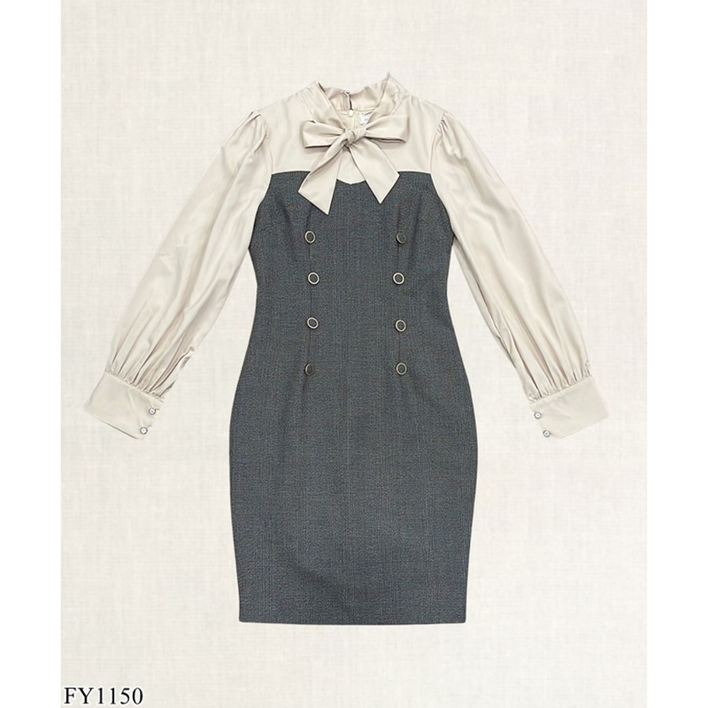 kudapy เดรสสั้นสีน้ำตาล กระโปรงเข้ารูปทูโทนแขนยาวมีโบว์ตรงคอ