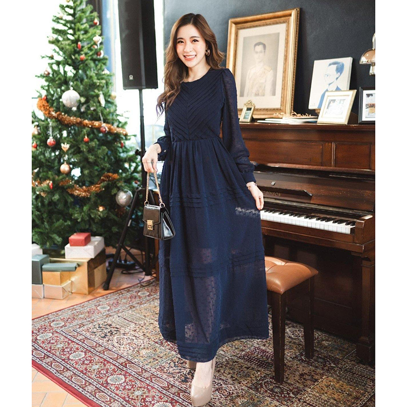 kudapy maxxi เดรสยาวผ้าชีฟองสีกรมท่า สีส้มอิฐ แขนยาว คอกลมแต่งกุ้นลาย3มิติ