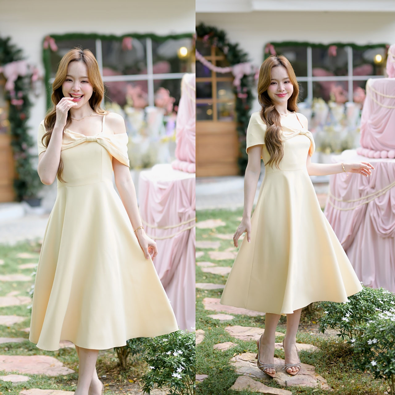 kudapy เดรสโทนสีพาสเทลนุ่มละมุน ดีไซน์หวานๆแต่งอกโบว์ใหญ่เปิดไหล่แบบ Off-shoulder จะใส่เปิดไหล่ 2 ข้าง