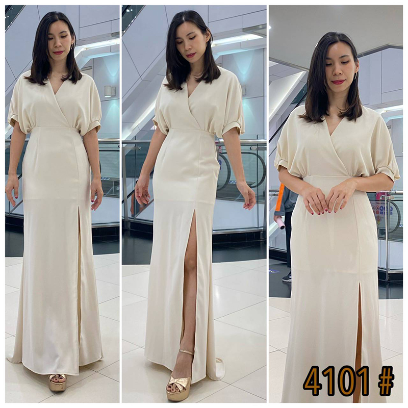 kudapy เดรสยาวสีครีม/ชมพูนุ๊ด/ชมพูพีช/แดงเข้ม/กรม แขนสามส่วน อกไขว้ ช่วงบนเย็บกระทุ้งข้างเอว เข้ารูปแต่ไม่รัดทรง กระโปรงหางปลา