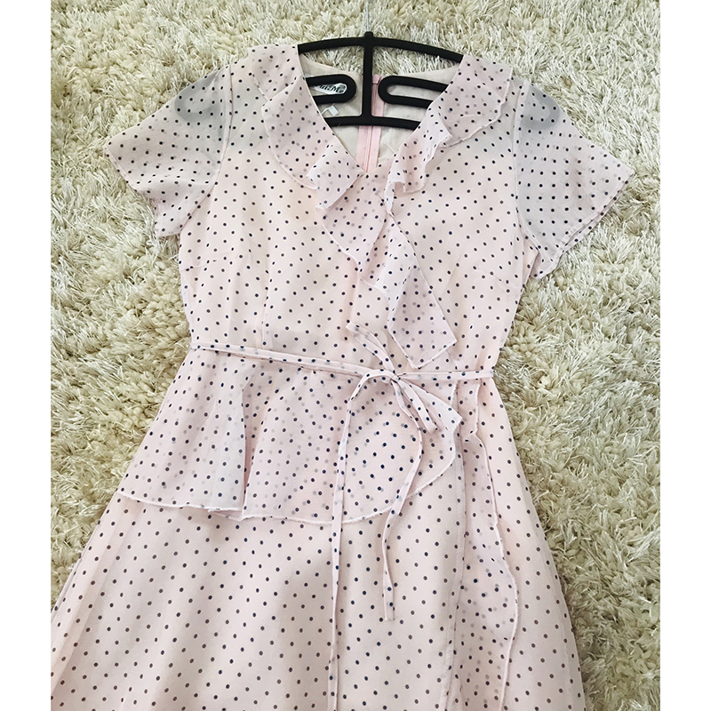 kudapy เดรสสีชมพู ผ้าชีฟองเนื้อดี พิมพ์ลายจุดเล็กๆๆ ใส่สบาย S