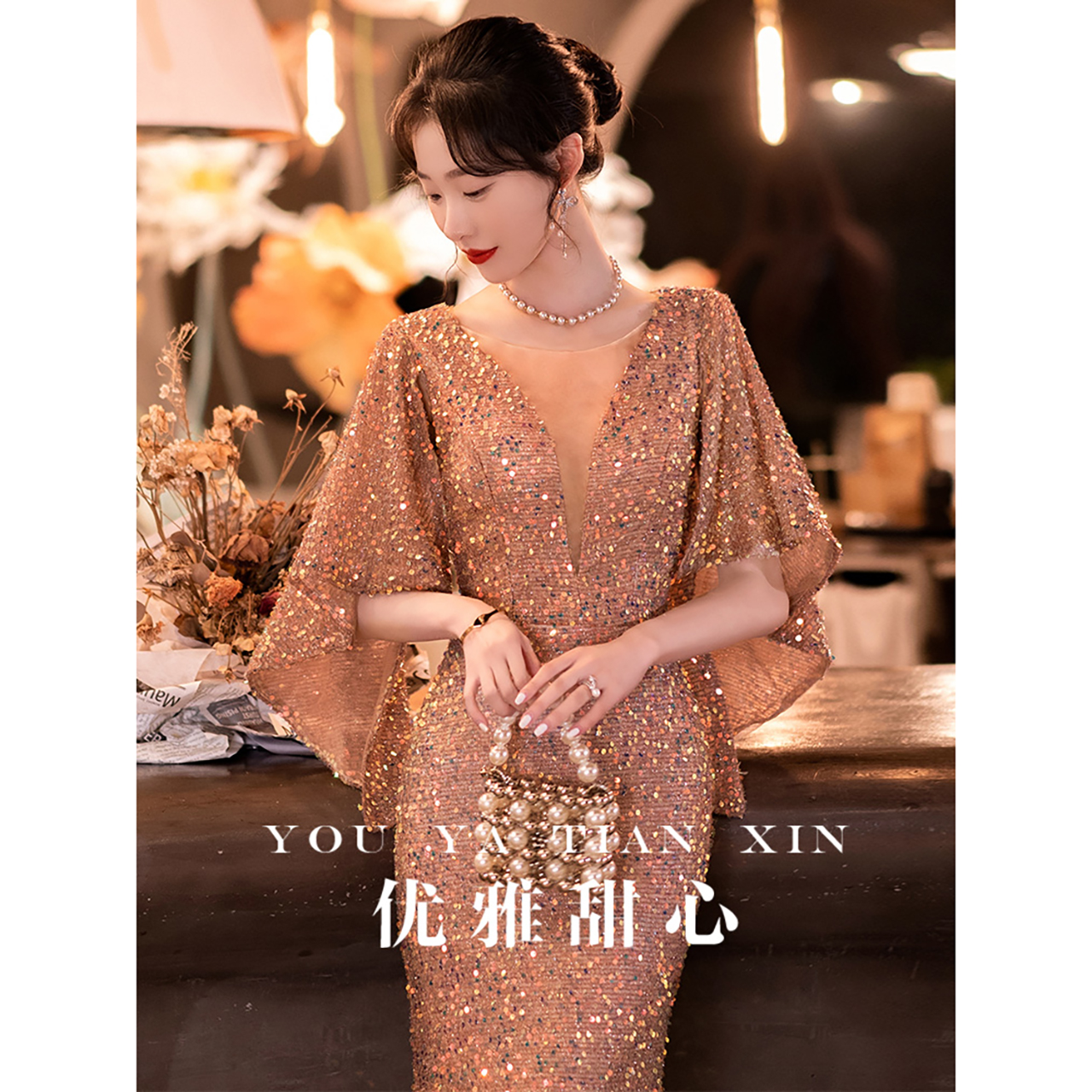 kudapy เดรสยาวสีชมพู/สีแดง เรียบหรู สวยดูดี ดูแพง ใส่งานกลางวัน กลางคืน ชุดไปงานแต่งงาน ชุดไปงานเลี้ยงราตรี