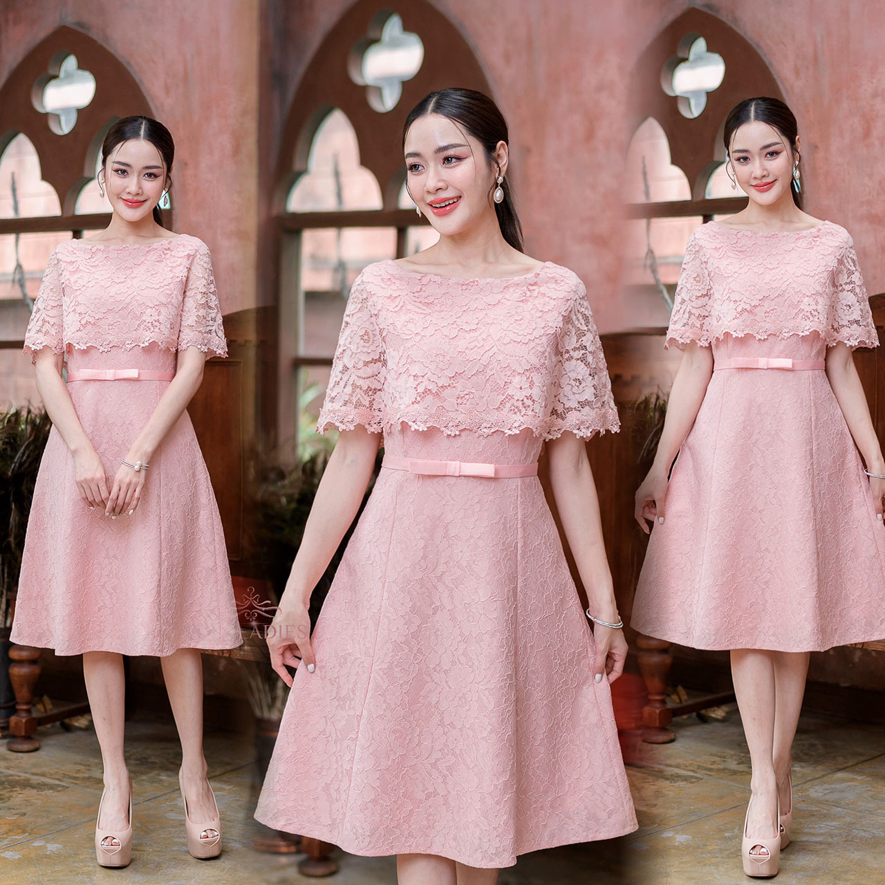 kudapy เดรสสั้นสีทูโทน/ชมพู/น้ำตาล/ทอง/เทา ผ้าลูกไม้อัดกาว ทรงจะสวยได้รูปไม่นิ่มไม่ย้วยจนเกินไป ด้วยผ้าลูกไม้คลุมไหล่