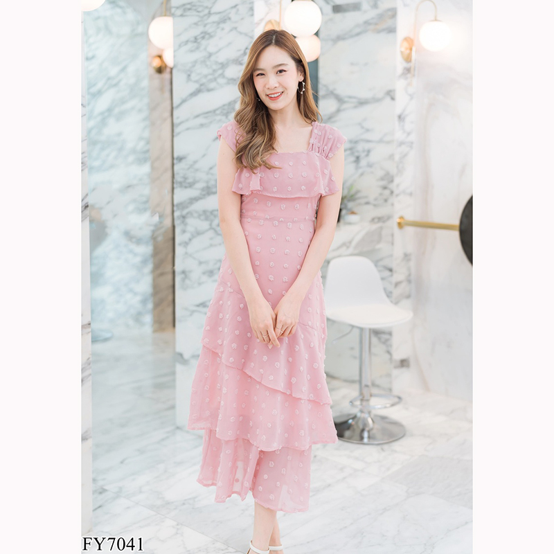 kudapy เดรสยาวสีชมพู/สีขาว/สีเขียว ชีฟองจุดอกระบาย