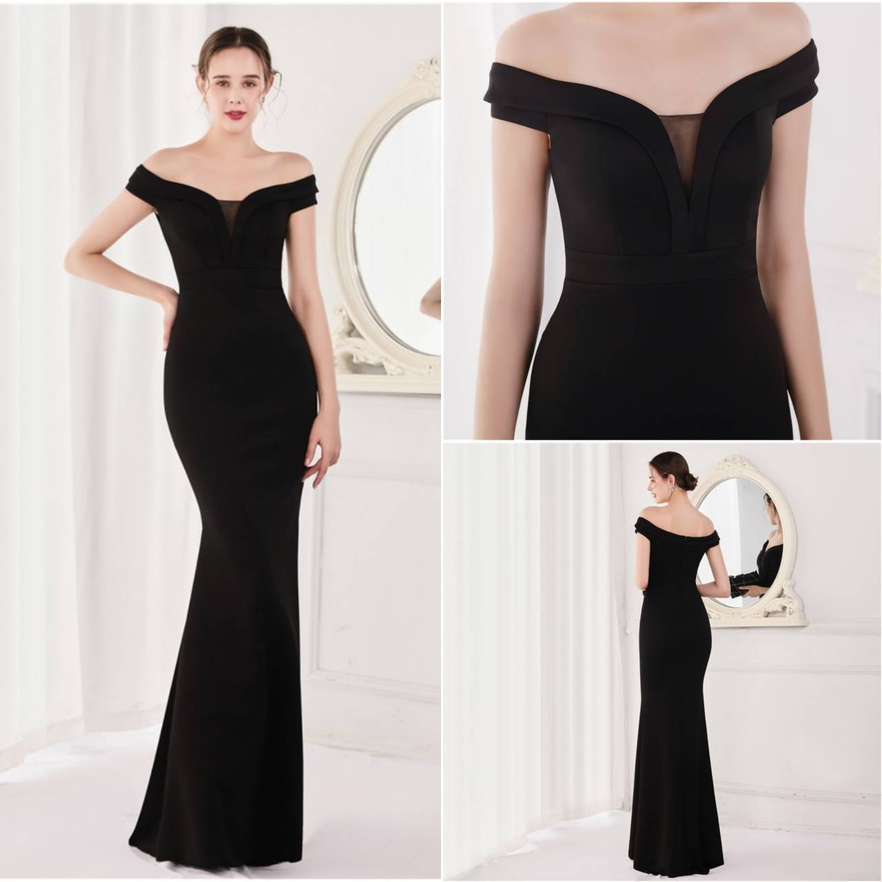 kudapy ชุดราตรียาวเปิดไหล่กริสเตอร์ทอแสง สีแดงไวน์ สีดำ สีขาว สีครีม สีเขียว สีน้ำเงินกรมท่า เดรสเกาะแขน เนื้อผ้าขยายได้ สวมเข้ารูป ทรงสวย เรียบหรู มีบราเย็บติดข้างในชุด ซิปหลัง