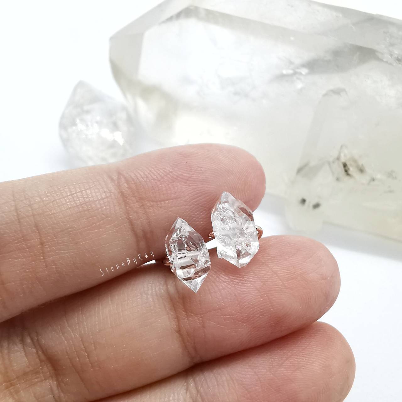 ต่างหูเงินชุบพิ้งโกลด์หินเฮอร์คิเมอร์ไดม่อน Herkimer Diamond