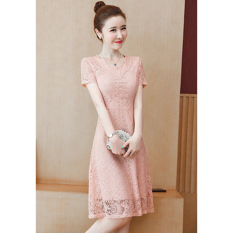 kudapy เดรสลูกไม้สีชมพูโอรส/สีครีม แขนสั้น กระโปรงทรงบานคลุมเข่า แนวเรียบร้อย สวย ดูดี ชุดเดรสทำงาน ชุดเดรสออกงาน