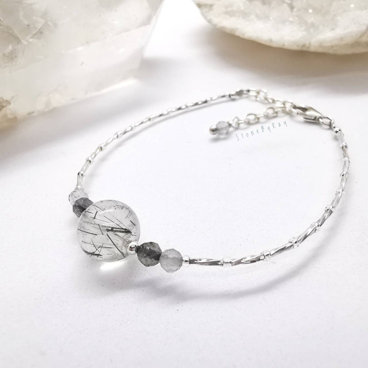 สร้อยข้อมือเงินหินไหมเขียว Green Rutile Quartz