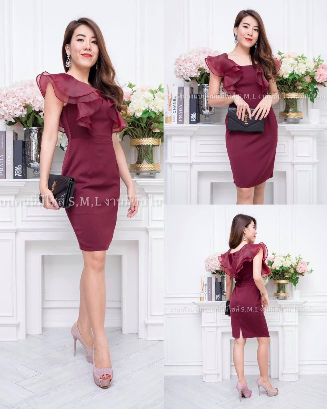 kudapy เดรสสั้นออกงานคอกว้าง ซิบหลัง แต่งระบายออแกนดี้2ชั้น ผ้าฮานาโกะ สีชมพู,กรม,แดงเลือดหมู,แดงไวน์,น้ำเงินสด,เทา,โอวัลติน,เขียวมิ้นท์,ฟ้า