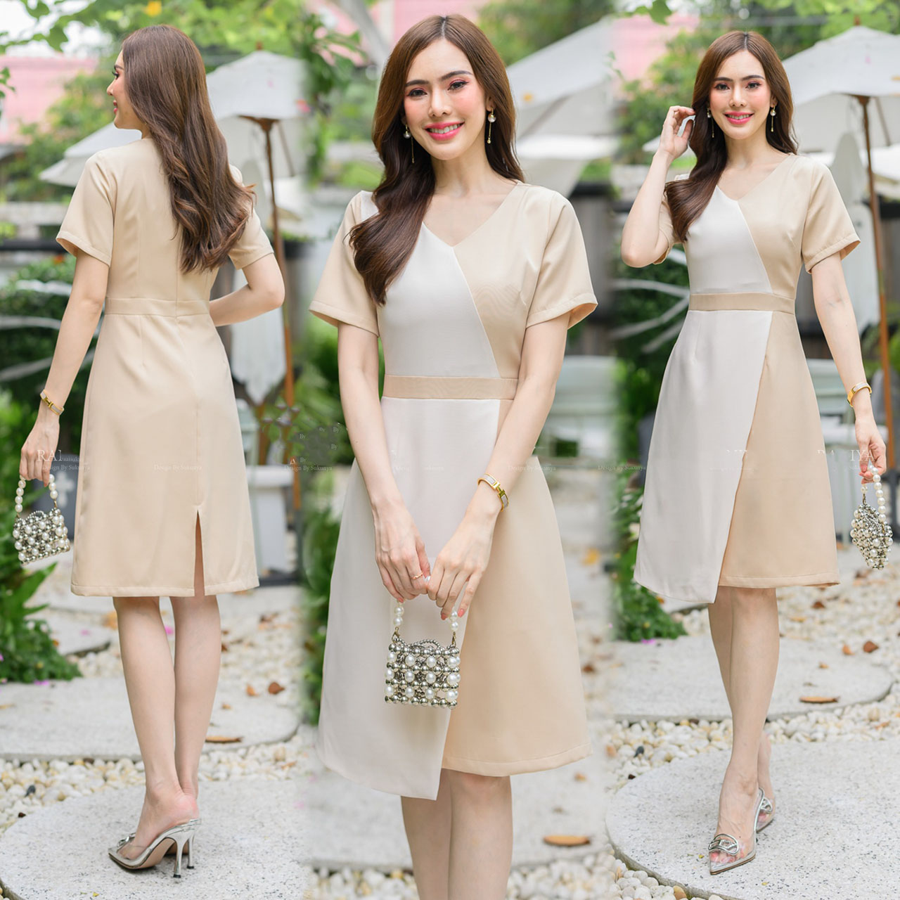 kudapy เดรสสั้นสีชมพู / ครีม / แดง ทรงเอผ้าโพลีเอสเตอร์งานทูโทน คอวีแขนสั้นงานมีซับในผ่าหลัง