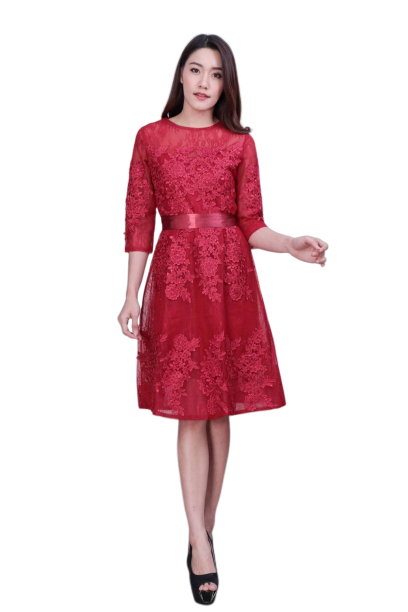 เดรสสั้นลูกไม้สีแดง ใส่ไปงานไหนก็ดูไฮโซ เก็บทรงสวยมาก ดีเทลแขน 4 ส่วน