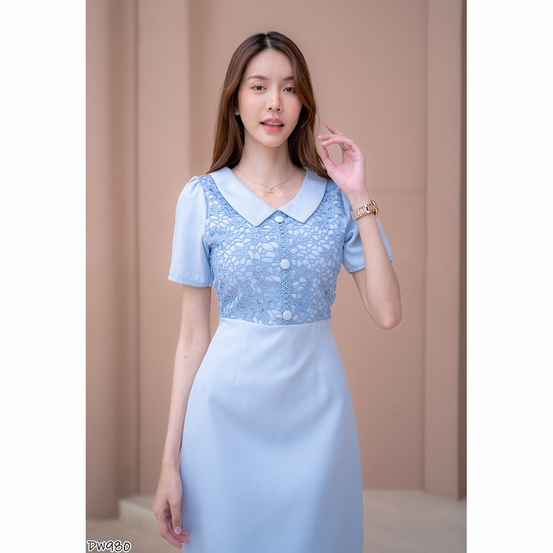 kudapy เดรสสั้นสีชมพู/สีฟ้า ผ้าทออกลูกไม้ ใส่ออกงานสวยดูดี น่ารัก