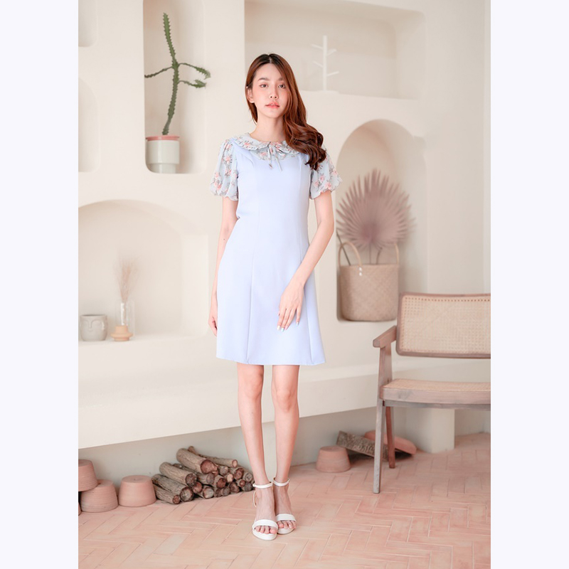kudapy เดรสส้นสีฟ้า/สีชมพู/สีน้ำตาล ทรงบานแขนลายดอก