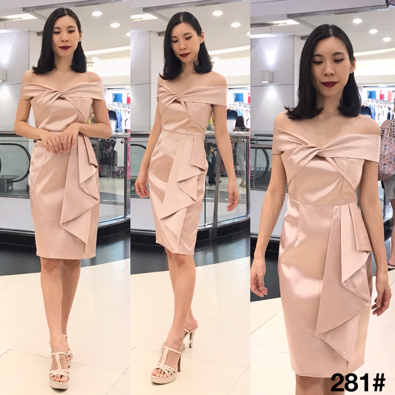 kudapy เดรสสั้นเปิดบ่าทวิชอก กระโปรงสอบ แต่งจีบสะโพก ซิปหลังใส่ง่าย เนื้อผ้าดัชเชสอัดกาว