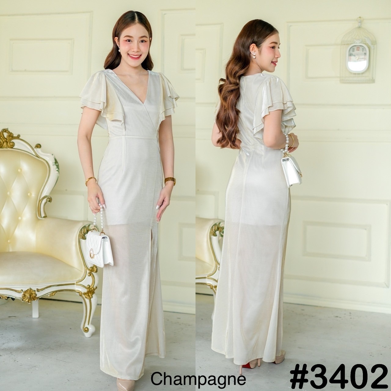 kudapy เดรสยาวสีแชมเปญ,ทอง,เขียว,ชมพู,ฟ้าเหลือบม่วง คอวีอกไขว้ จับจีบแขนระบายพริ้ว พรางต้นแขน กระโปรงทรงสอบยาว