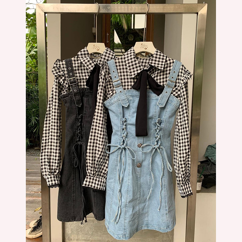 kudapy เชิ้ตผ้าสก็อตสีดำ/สียีนส์ฟ้า แมทเอี๊ยมยีนส์ ใช้ผ้ายีนส์ชนิดยืดใส่สบายมากๆ