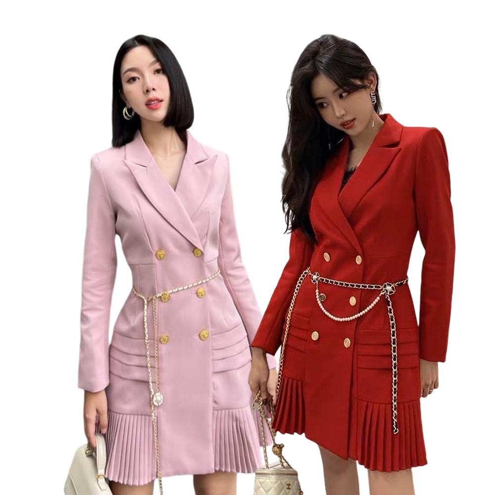 kudapy เดรสสูทกระดุมทองคอปก แขนยาว สีแดง สีชมพู สีดำ สีขาว งานสวยเรียบหรู เพิ่มความน่ารักด้วยเข็มขัด งานหนาอยู่ทรง รับประกันงานสวยจริงค่ะ