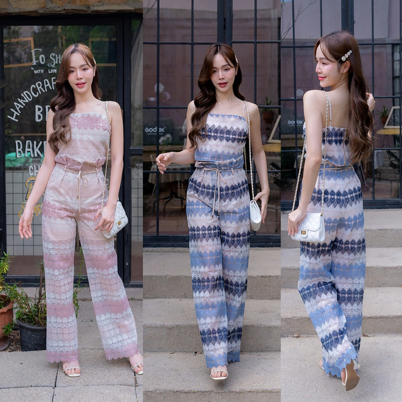 kudapy ชุดเซ็ทสีชมพู/สีฟ้า ผ้าลูกไม้ลายหัวใจ ขายาว แขนกุด ใส่สวยดูดี