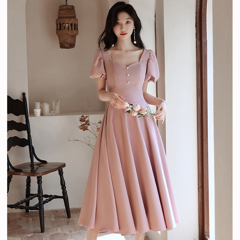 kudapy เดรสสั้นสีชมพู แขนบอลลูนแต่งกระดุมมุกกระโปรงทรงบาน สวยหวาน เรียบหรู สวยดูดี สไตล์มินิมอล ใส่ได้ทั้งงานกลางวัน กลางคืน