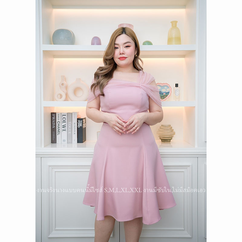 kudapy เดรสสั้นสีชมพู/สีมิ้นอมฟ้า เดรสออกงานปาดไหล่มุ้งกระโปรงบาน น่ารักมากกก งานมีซับใน ซิปด้านหลัง