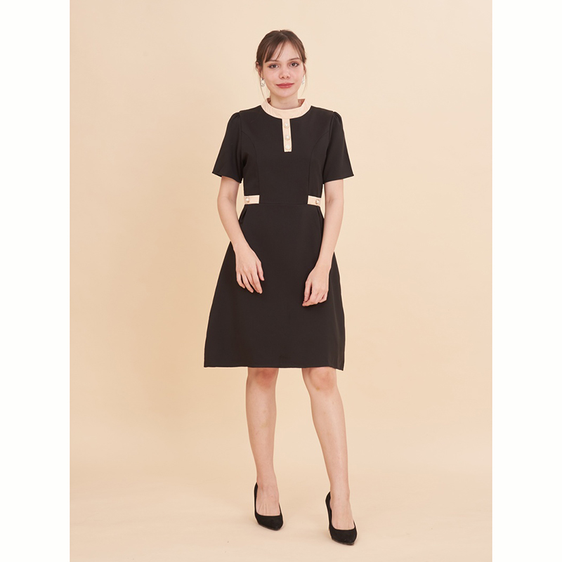 kudapy เดรสสั้นสีแดงสีดำ/สีน้ำตาล คอกลมแต่งกระดุม ใส่ไปงานตรุษจีน ใส่ทำงาน สวยดูดีน่ารัก