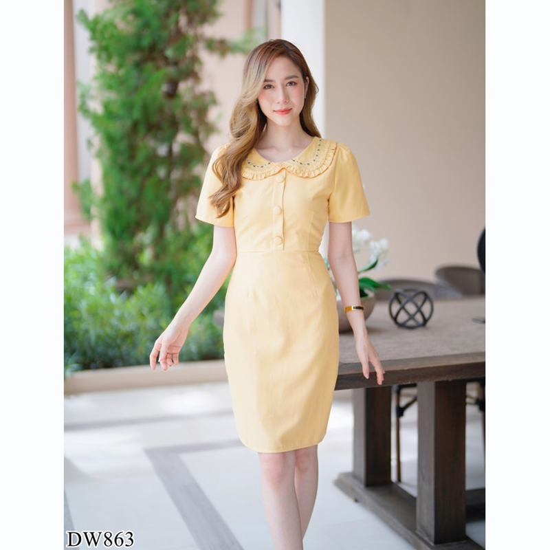 kudapy เดรสสั้นคอปกสีฟ้า/สีชมพู/สีเหลือง ใส่ทำงานผ้าลูกฟูกมีกระดุมกลางอกสวยดูดีคุณหนู