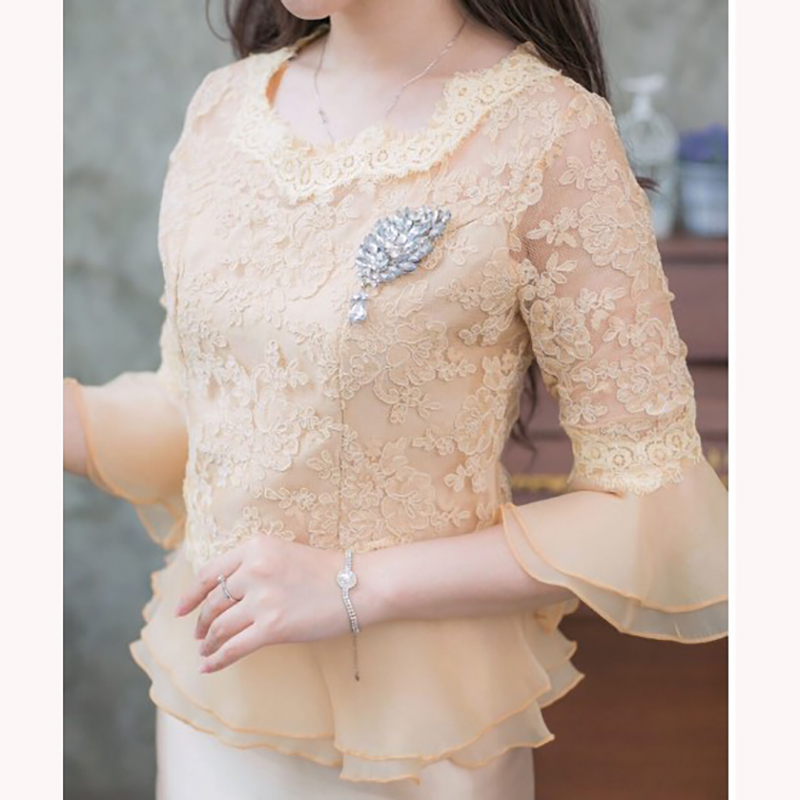 kudapy เซทออกงานเสื้อลูกไม้+กระโปรงยาว เสื้อลูกไม้แขนสามส่วนแต่งระบายผ้าไหมออแกนดี้ ไหล่และแขนซีทรู